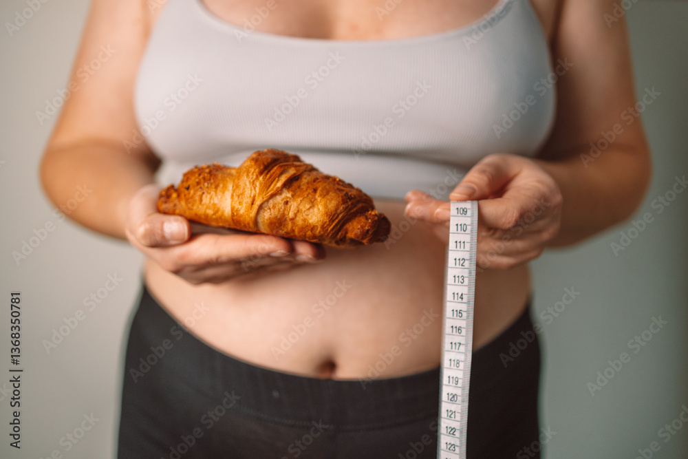 A woman holding a croissant in one hand and a measuring tape in the other, reflecting the challenge of balancing indulgent food with health and wellness goals. Concept of dieting and self-control