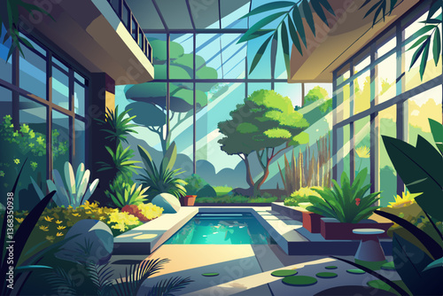 vector of Serene Indoor Garden: Tranquil view of a minimalist interior space featuring a lush, private garden visible through a large window. Soft lighting creates a calm atmosphere.