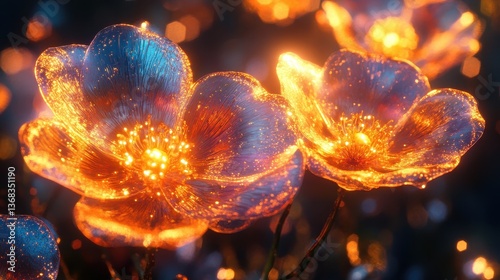 Glowing flowers, night garden, bokeh background, fantasy art, digital wallpaper