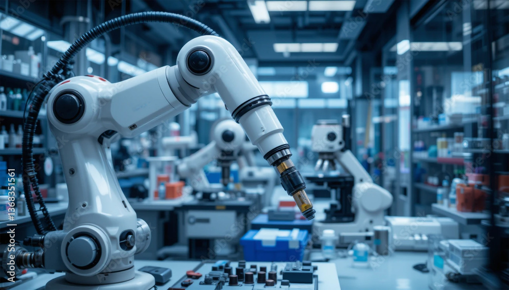 Fototapeta premium A robotic arm meticulously handling a sample in a high-tech laboratory, showcasing precision and innovation with cool blue tones and sharp focus.