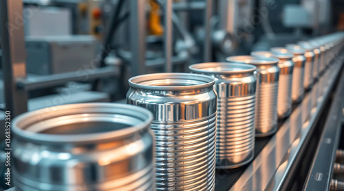 Empty silver cans on the production line in the factory