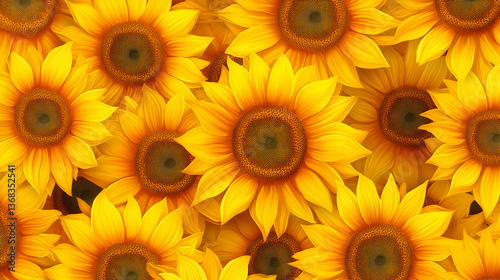 Vibrant sunflowers background, bright yellow petals floral pattern, summer bloom, nature beauty