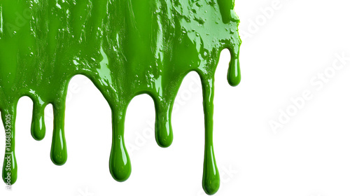 Dripping green slime goo, flowing down, wet, shiny and vibrant, cut out transparent
