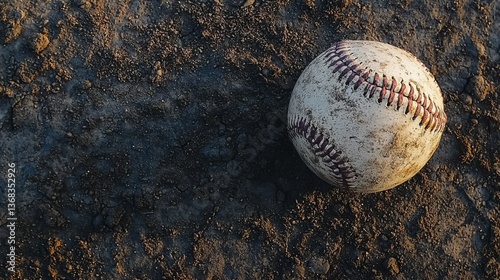 Close-up of a worn baseball on a dirt surface