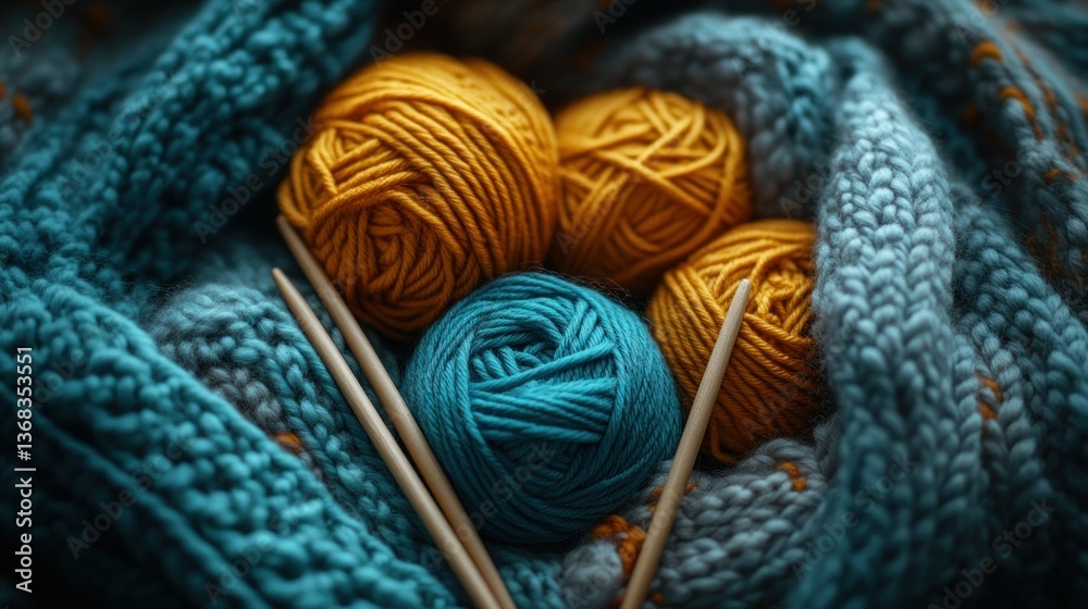 Fototapeta premium Colorful yarn balls and knitting needles