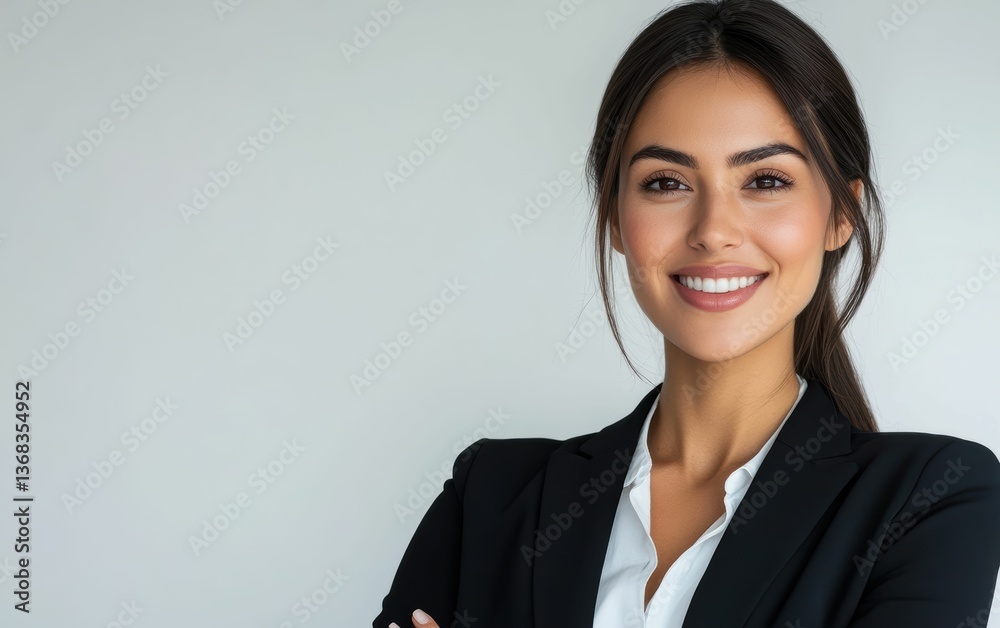Dressed in a tailored black suit, a self assured caucasian businesswoman poses against a minimalistic background, embodying strength and elegance. Dressed in a tailored black suit, a self assured caucasian businesswoman poses against a minimalistic background, embodying strength and elegance.