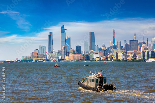 New Jesey Police boat against Manhattan on a sunny day