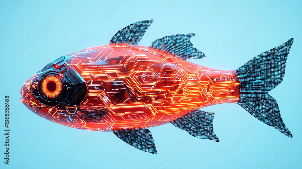 Fototapeta premium Futuristic robotic fish with glowing circuitry, showcasing advanced technology and design, perfect for aquatic environments