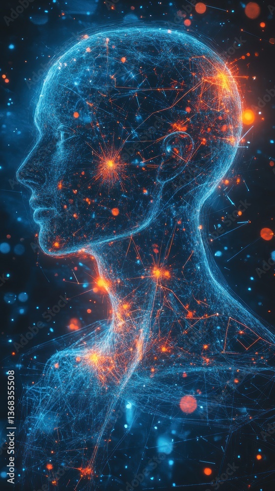 Abstract female head, glowing network, starry background, futuristic concept Abstract female head, glowing network, starry background, futuristic concept