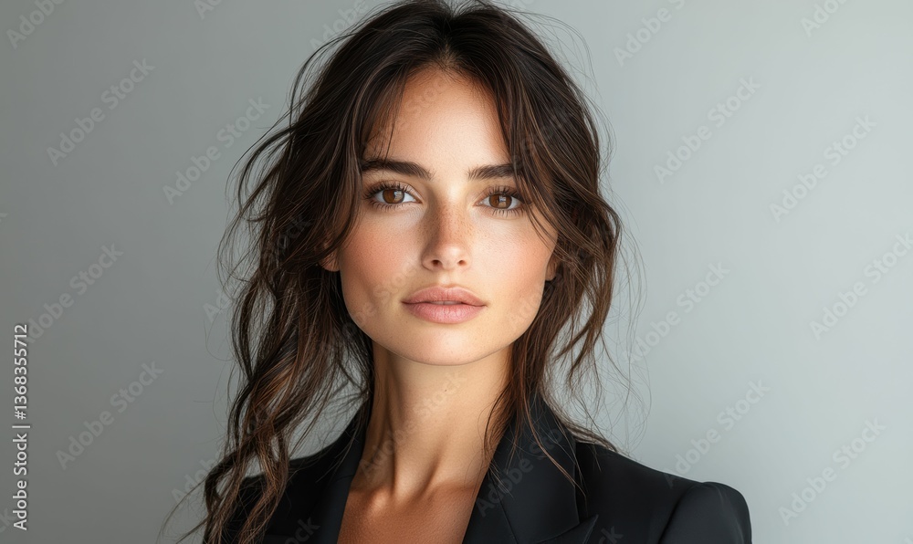 Dressed in a tailored black suit, a self assured caucasian businesswoman poses against a minimalistic background, embodying strength and elegance. Dressed in a tailored black suit, a self assured caucasian businesswoman poses against a minimalistic background, embodying strength and elegance.