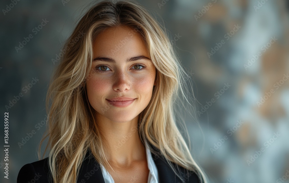 Dressed in a tailored black suit, a self assured caucasian businesswoman poses against a minimalistic background, embodying strength and elegance. Dressed in a tailored black suit, a self assured caucasian businesswoman poses against a minimalistic background, embodying strength and elegance.
