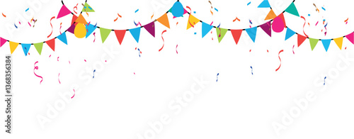 Frame colorful retro bunting garland flag and confetti birthday decoration elements. Birthday decoration and  independence day celebration template banner, and triangular flag .