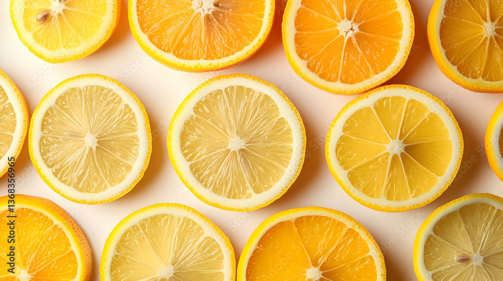 Fresh citrus fruit slices pattern of lemons and oranges overhead vibrant summer flat lay Fresh citrus fruit slices pattern of lemons and oranges overhead vibrant summer flat lay