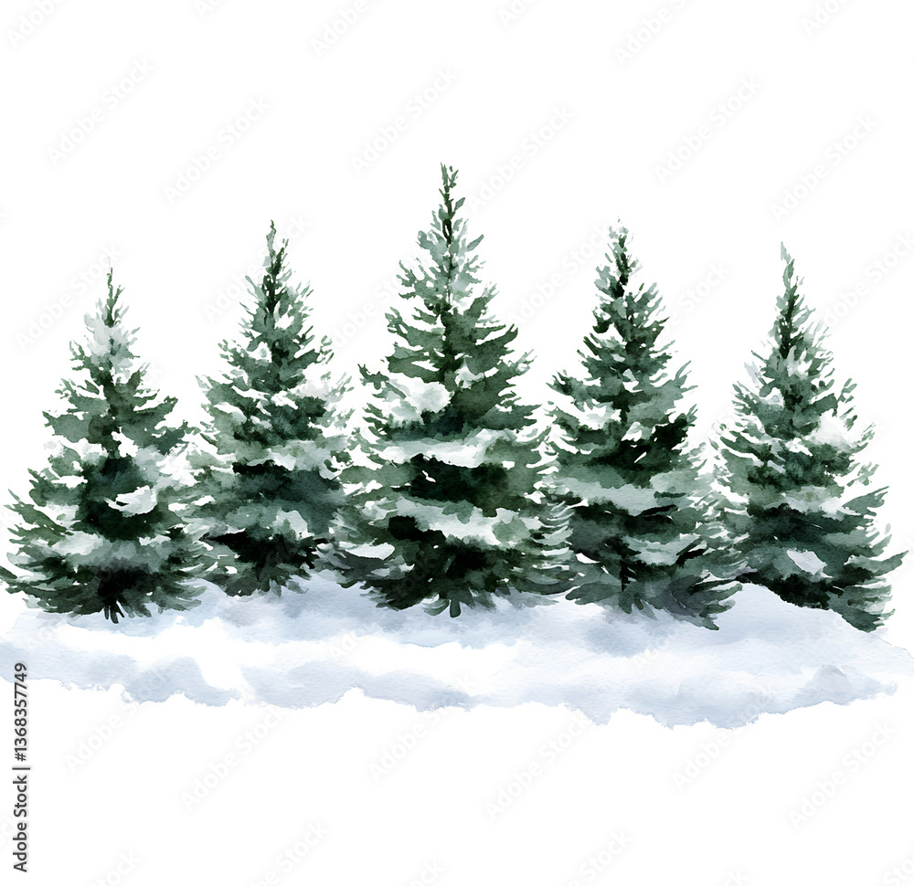 Obraz premium A row of watercolor pine trees covered in snow, isolated on a transparent background, PNG 
