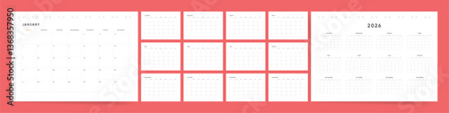 2026 Modern Calendar Layout. Sunday start corporate 2026 planner calendar for desk use. Clean and minimalist style. Professional English vector design.
