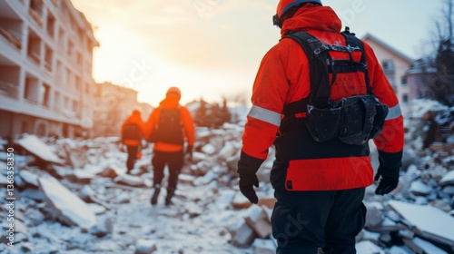 Wallpaper Mural Emergency Earthquake Rescue. Rescue workers navigate debris in a devastated urban area during a disaster response. Torontodigital.ca