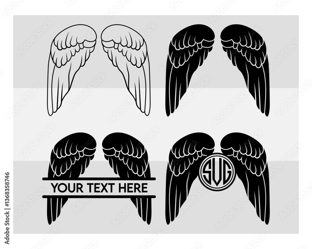 Obraz premium Angel Wings, SVG Bundle, Angel Wings svg, Wings Svg, Circut Cut Files Silhouette, Memorial Svg, Heart Svg, Wings Silhouette, Wings Clipart, Vcetor, Outline, Eps, Cut file, Flower Outline,