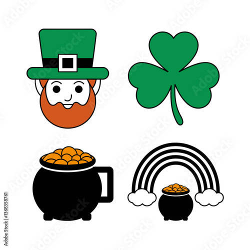 Vector icons for St. Patrick's Day with leprechaun, shamrock, pot of gold, beer mug, and rainbow