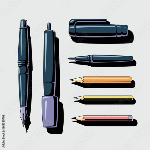 Vector icons of assorted pens with shadows – Suitable for digital stationery designs, artistic toolkits, or educational visuals.