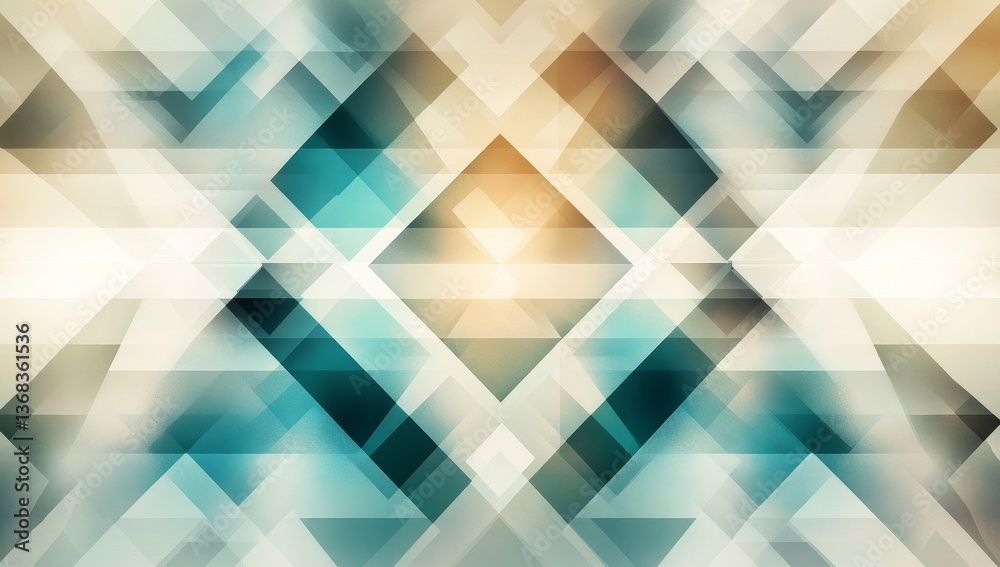Fototapeta premium Abstract geometric pattern with overlapping triangles and diamonds, soft pastel and teal tones