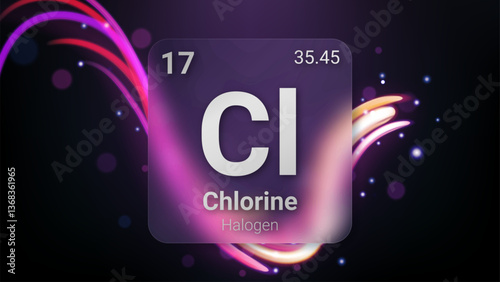 Chlorine (Cl) (017) Halogen, Glass Morphism Element Futuristic Neon Light Glow Background Periodic Table, Chemical Symbol, Name, Atomic Mass, Atomic Number, Vector Illustration