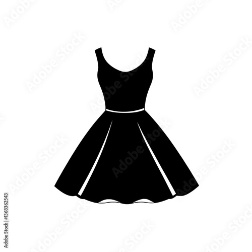 Elegant black dress icon with a high neckline and flared skirt, representing stylish and timeless fashion.