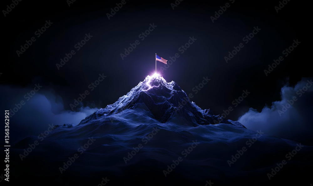 Fototapeta premium Majestic Mountain Peak with Flag Illuminated by Dramatic Lighting