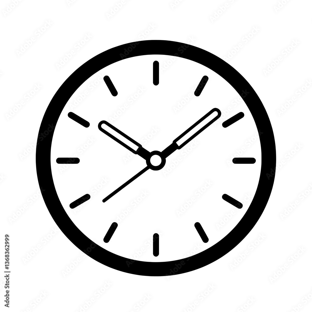 Classic round analog wall clock with black hands and hour markers in a minimalistic black and white design. Classic round analog wall clock with black hands and hour markers in a minimalistic black and white design.