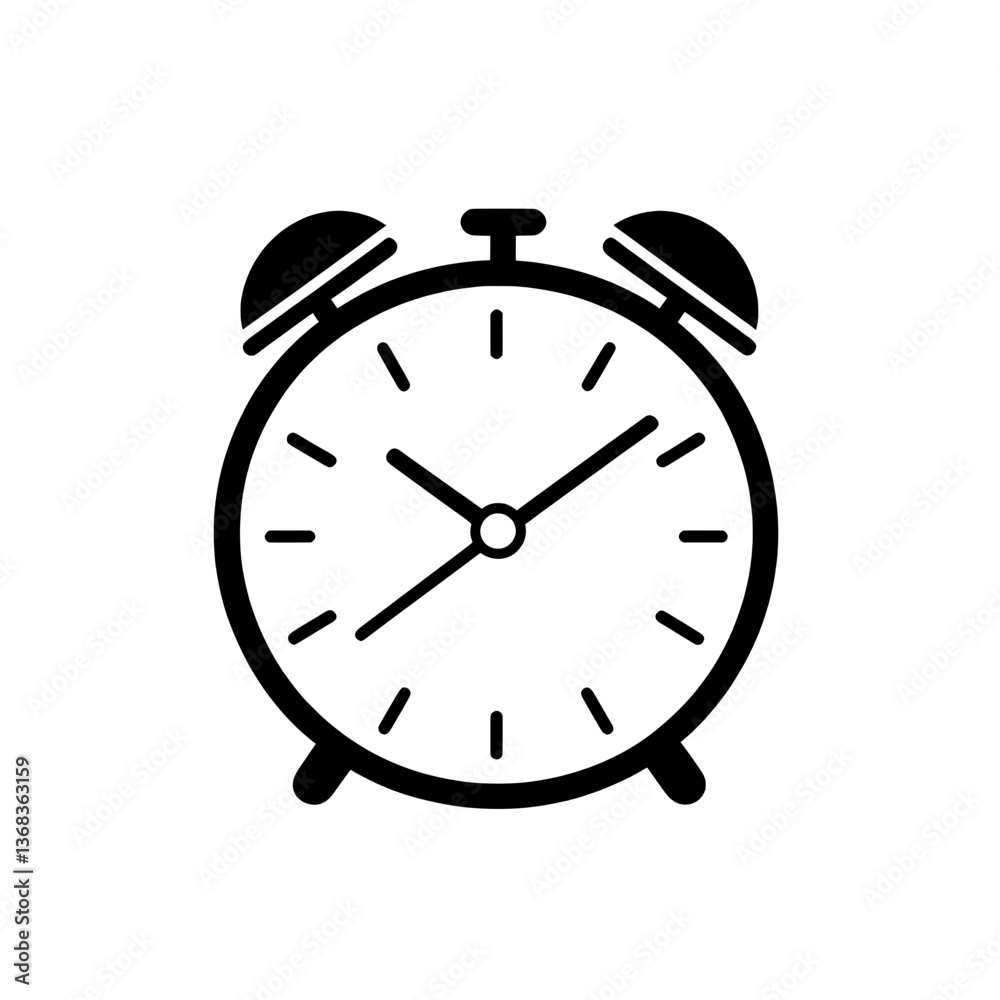 Classic twin-bell alarm clock with a round face and two bells on top, designed in a black and white minimalistic style. Classic twin-bell alarm clock with a round face and two bells on top, designed in a black and white minimalistic style.
