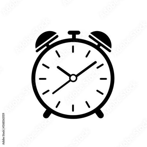 Classic twin-bell alarm clock with a round face and two bells on top, designed in a black and white minimalistic style.