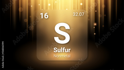 Sulfur (S) (016) Nonmetal, Glass Morphism Element Futuristic Neon Light Glow Background Periodic Table, Chemical Symbol, Name, Atomic Mass, Atomic Number, Vector Illustration