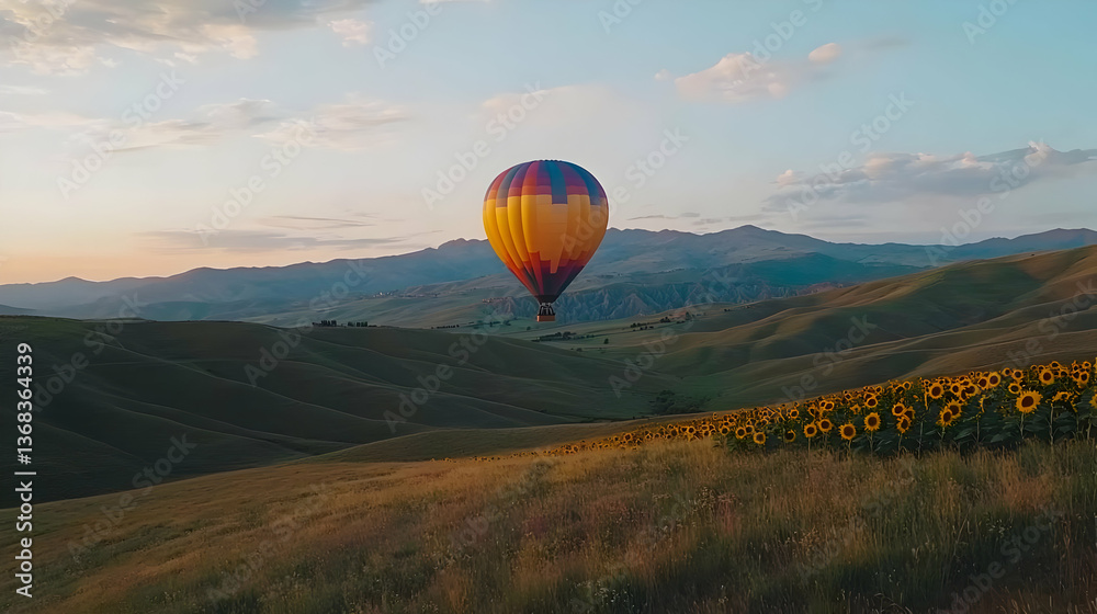 Obraz premium Colorful Hot Air Balloon Over Rolling Hills and Sunflower Field