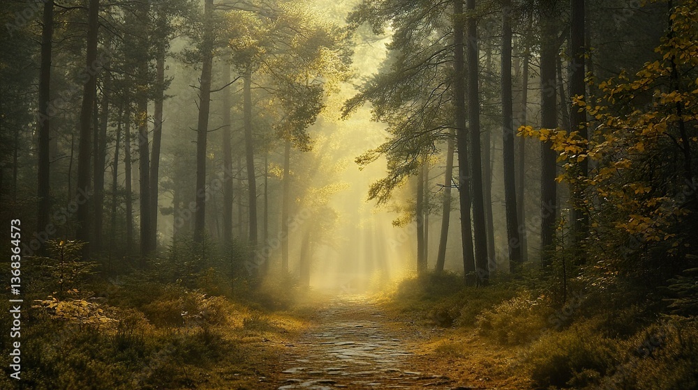 Obraz premium Enchanting golden hour illuminating mystical forest path through trees