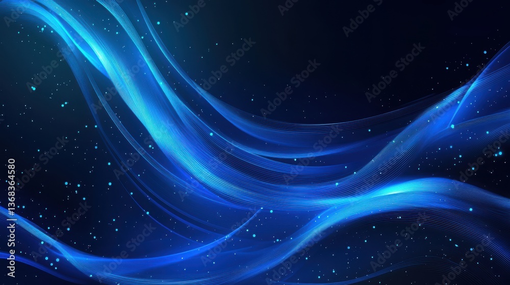 Fototapeta premium Abstract Blue Wave Background Glowing Lines, Dark Space, Particle Design