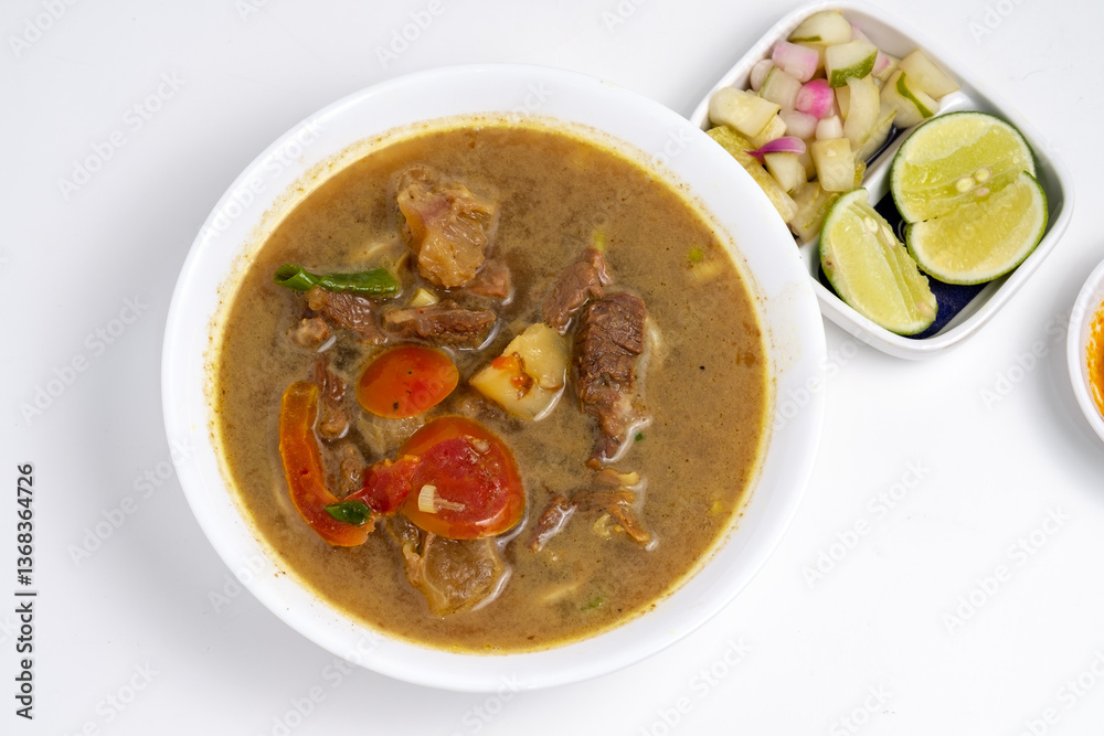Overhead view of Soto daging sapi, a hearty Indonesian beef soup, in a white bowl. Accompanied by pickles, lime, sambal, and spoons on a clean, white surface. Overhead view of Soto daging sapi, a hearty Indonesian beef soup, in a white bowl. Accompanied by pickles, lime, sambal, and spoons on a clean, white surface.