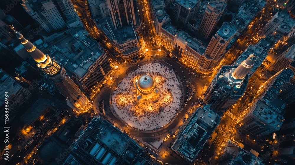 A breathtaking aerial view of a city at night with mosques glowing and streets celebrating Eid. A breathtaking aerial view of a city at night with mosques glowing and streets celebrating Eid.