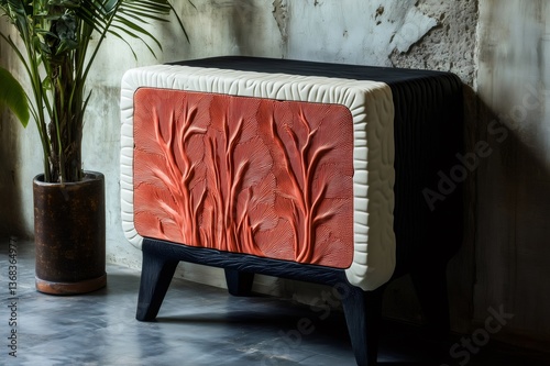 Stylish coral textured side table standing in a modern living room, adding a touch of elegance and sophistication to the interior design