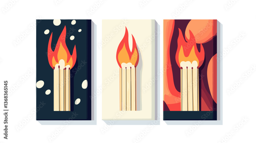 Stylish modern illustration featuring lit candles with flames in vibrant colors and different backgrounds Stylish modern illustration featuring lit candles with flames in vibrant colors and different backgrounds