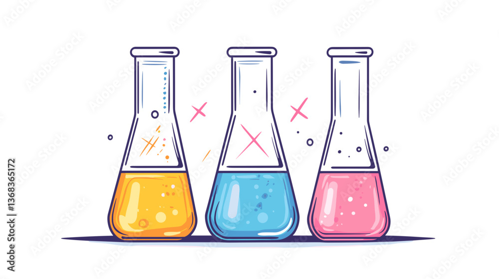 Colorful flasks containing liquids showcasing modern illustration style with dynamic effects Colorful flasks containing liquids showcasing modern illustration style with dynamic effects