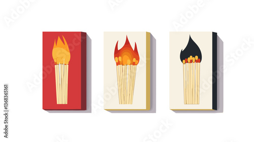 Illustration of modern matchstick designs featuring flames in various styles including red, orange, and black