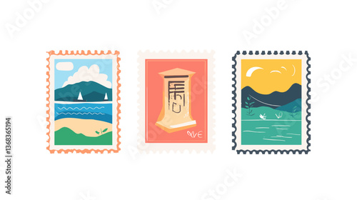 Modern illustration of a travel themed stamp collection featuring landscapes and nature elements