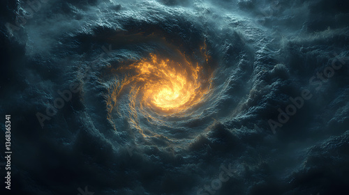 Swirling cosmic vortex illuminated by fiery core amidst dark stormy clouds in space
