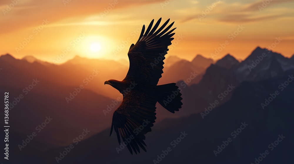 Obraz premium Eagle Soaring Over Majestic Mountains at Sunrise
