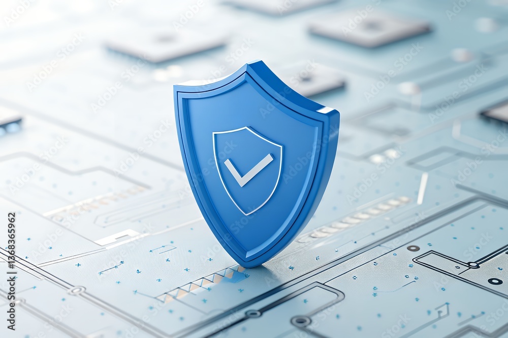 Fototapeta premium 3d illustration of shield with check mark on circuit board, security concept
