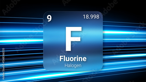 Fluorine (F) (009) Halogen, Glass Morphism Element Futuristic Neon Light Glow Background Periodic Table, Chemical Symbol, Name, Atomic Mass, Atomic Number, Vector Illustration