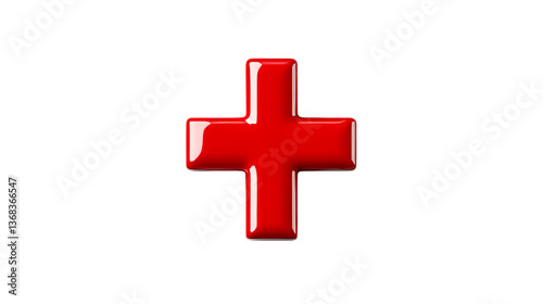 Glossy red plus sign symbol, isolated on black, cut out transparent