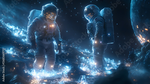 Two astronauts exploring a shimmering alien landscape under a starry sky, with glowing crystals and distant planets