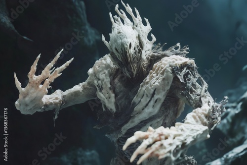 Emerging from the shadows, a bio mutated warrior reveals its menacing claws in a striking 3d render, embodying horror and aggression