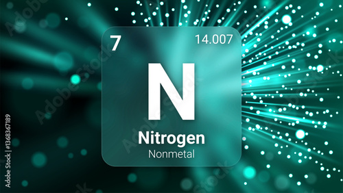 Nitrogen (N) (007) Nonmetal, Glass Morphism Element Futuristic Neon Light Glow Background Periodic Table, Chemical Symbol, Name, Atomic Mass, Atomic Number, Vector Illustration