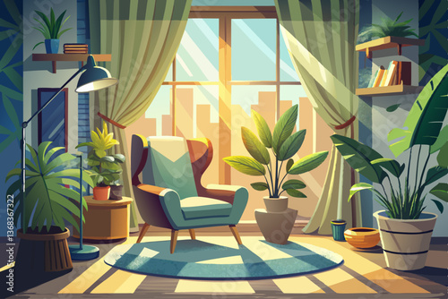 vector of Serene Living Room Retreat:Sunlight streams through sheer curtains illuminating a tranquil living room scene, featuring a comfy armchair, lush potted plants, and a jute rug.